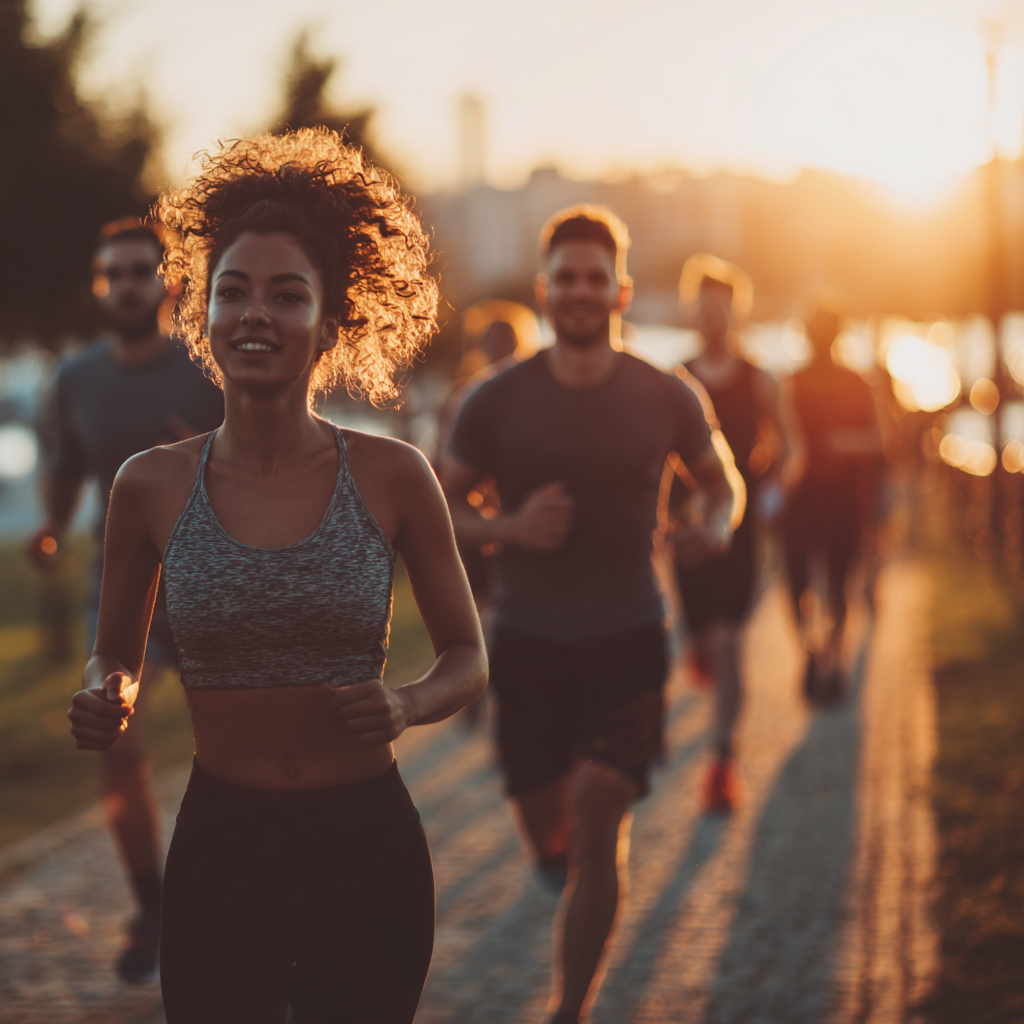 Diverse group of people jogging together in a park during sunrise, showing active lifestyle for cardiovascular health