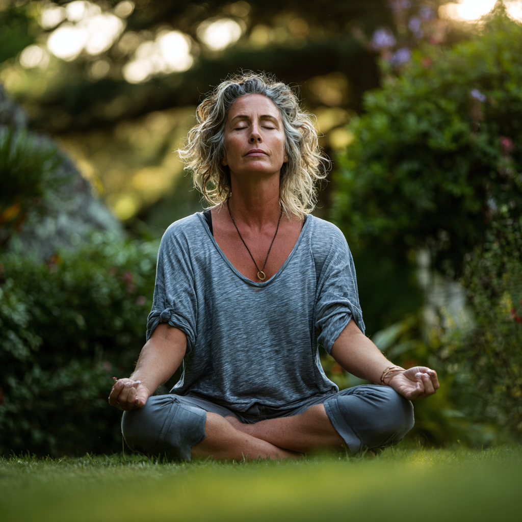 Middle-aged woman practicing yoga outdoors in a peaceful garden setting, demonstrating natural stress relief techniques for blood pressure management