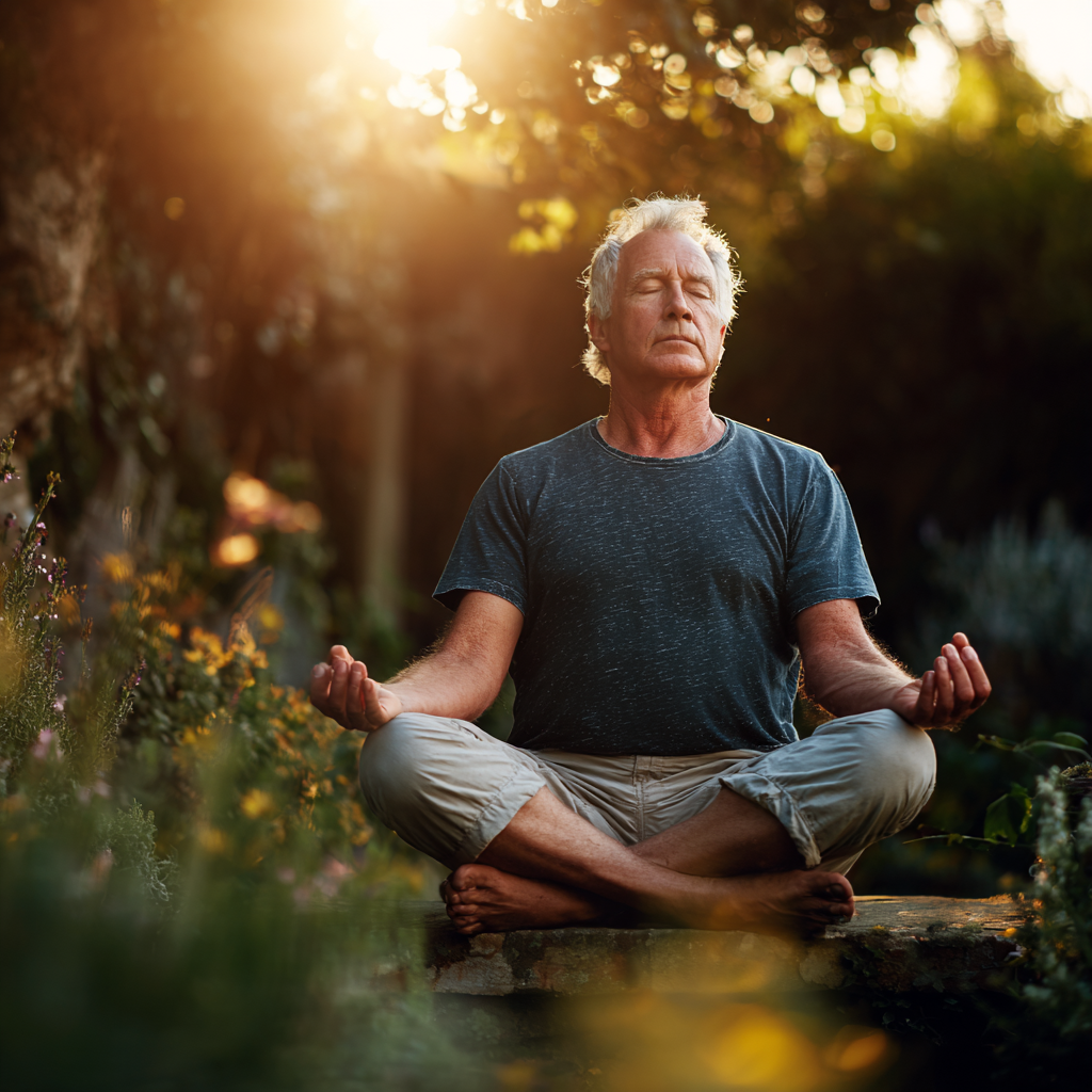 Senior man practicing tai chi in morning sunlight in a peaceful garden, demonstrating gentle exercise for blood pressure control